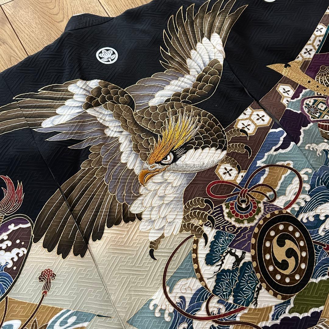 正絹　男の子お宮参り着物　産着　3歳七五三祝い着　黒　鷹刺繍　日本製