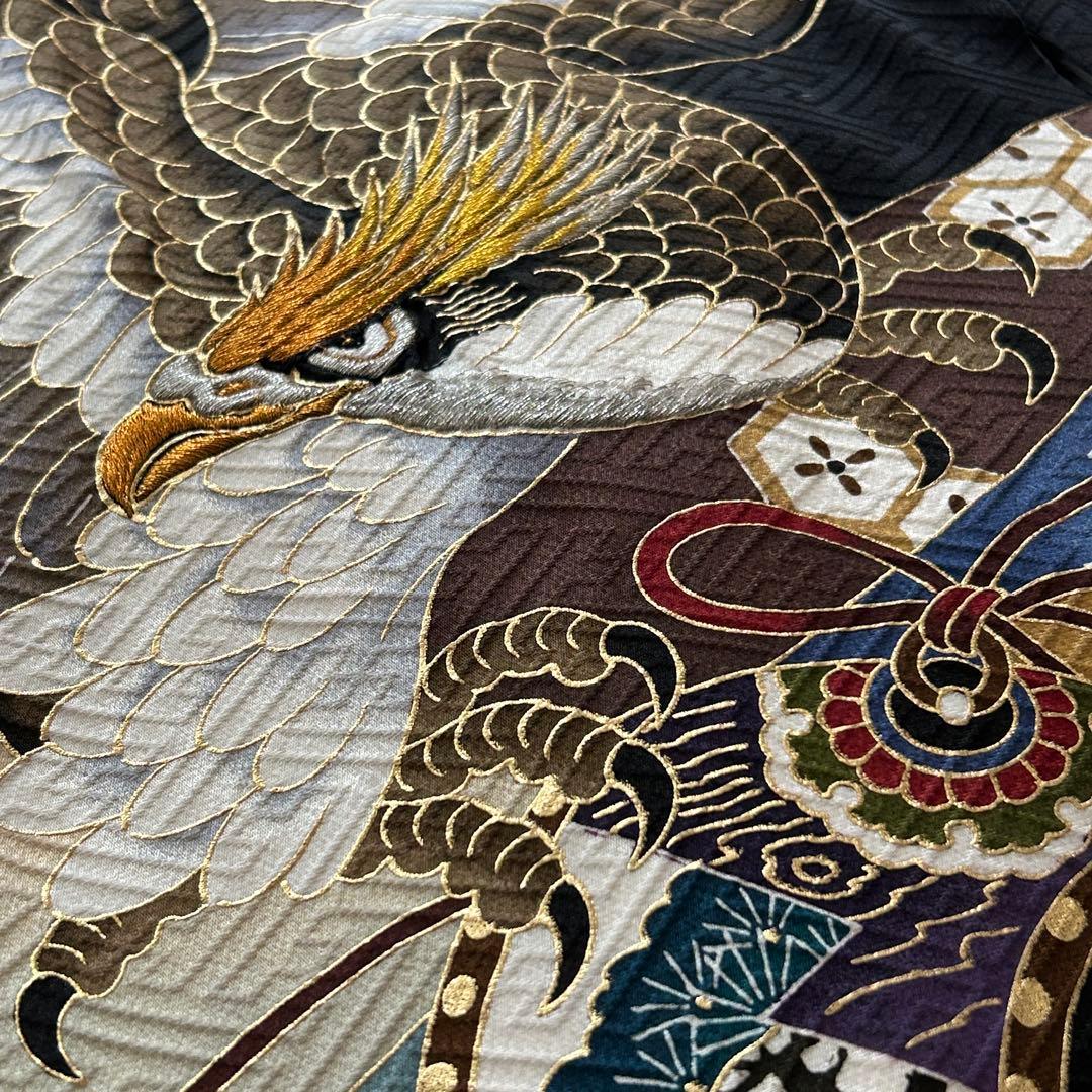 正絹　男の子お宮参り着物　産着　3歳七五三祝い着　黒　鷹刺繍　日本製