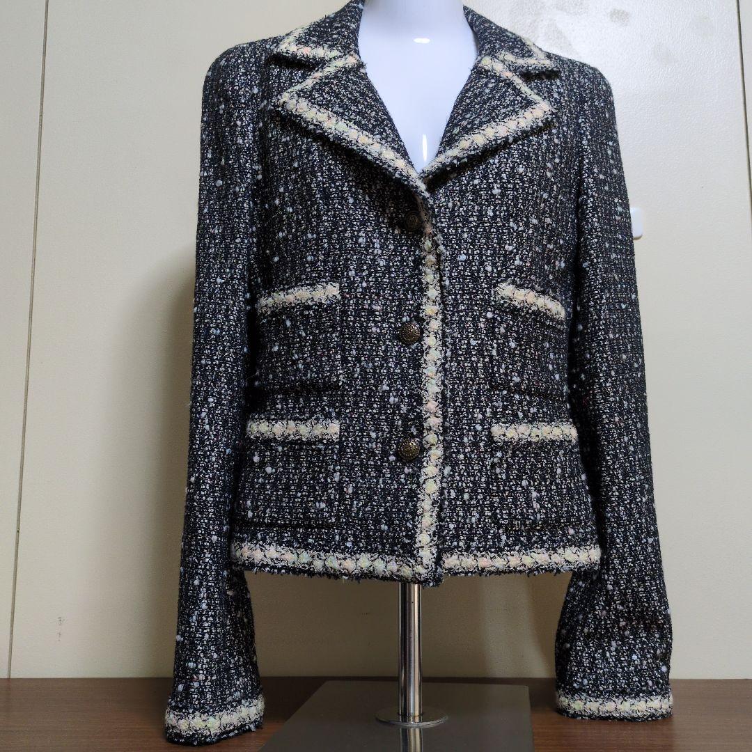 シャネル黒と白のツイード テーラードジャケット