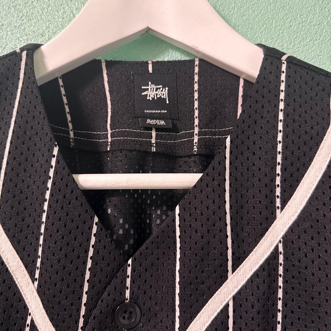 STUSSY ストライプ メッシュベースボールシャツ　ゲームシャツ