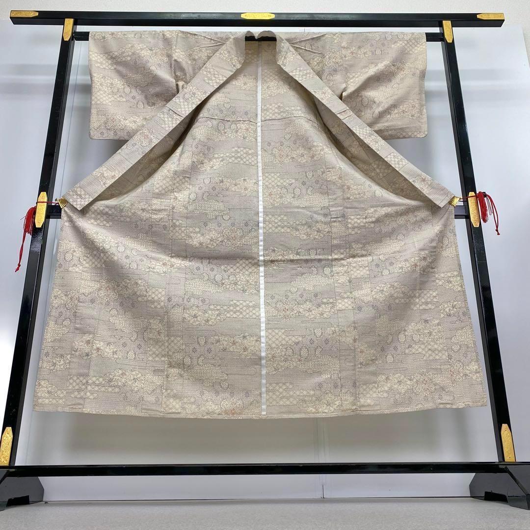 ERIchan 結城紬 単衣 紬着物 花唐草 花亀甲 残布付 NK-734