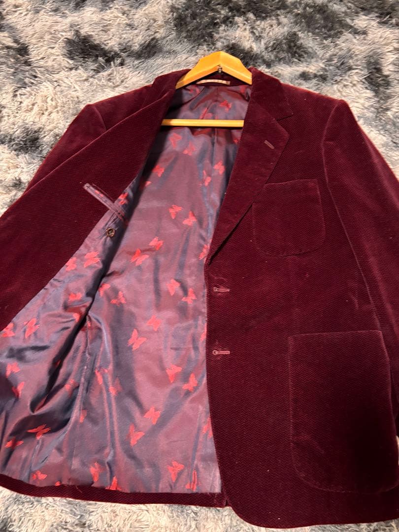 レトロ 90s 古着 総柄 コーデュロイ テーラード ジャケット 裏地蝶柄