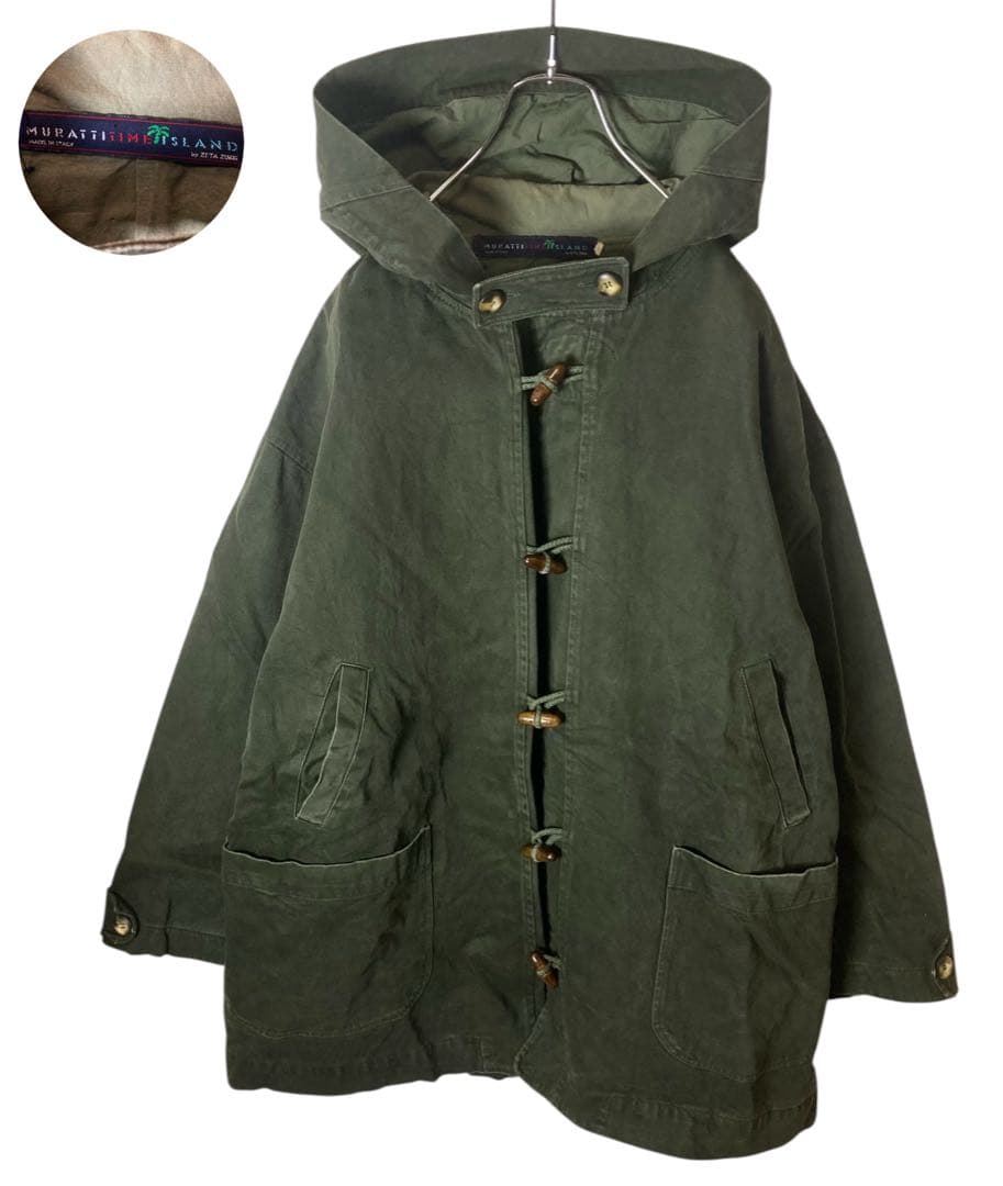 イタリア製ミリタリーカーキカラー ヘビーコットンダッフルコートゆったりXLサイズ