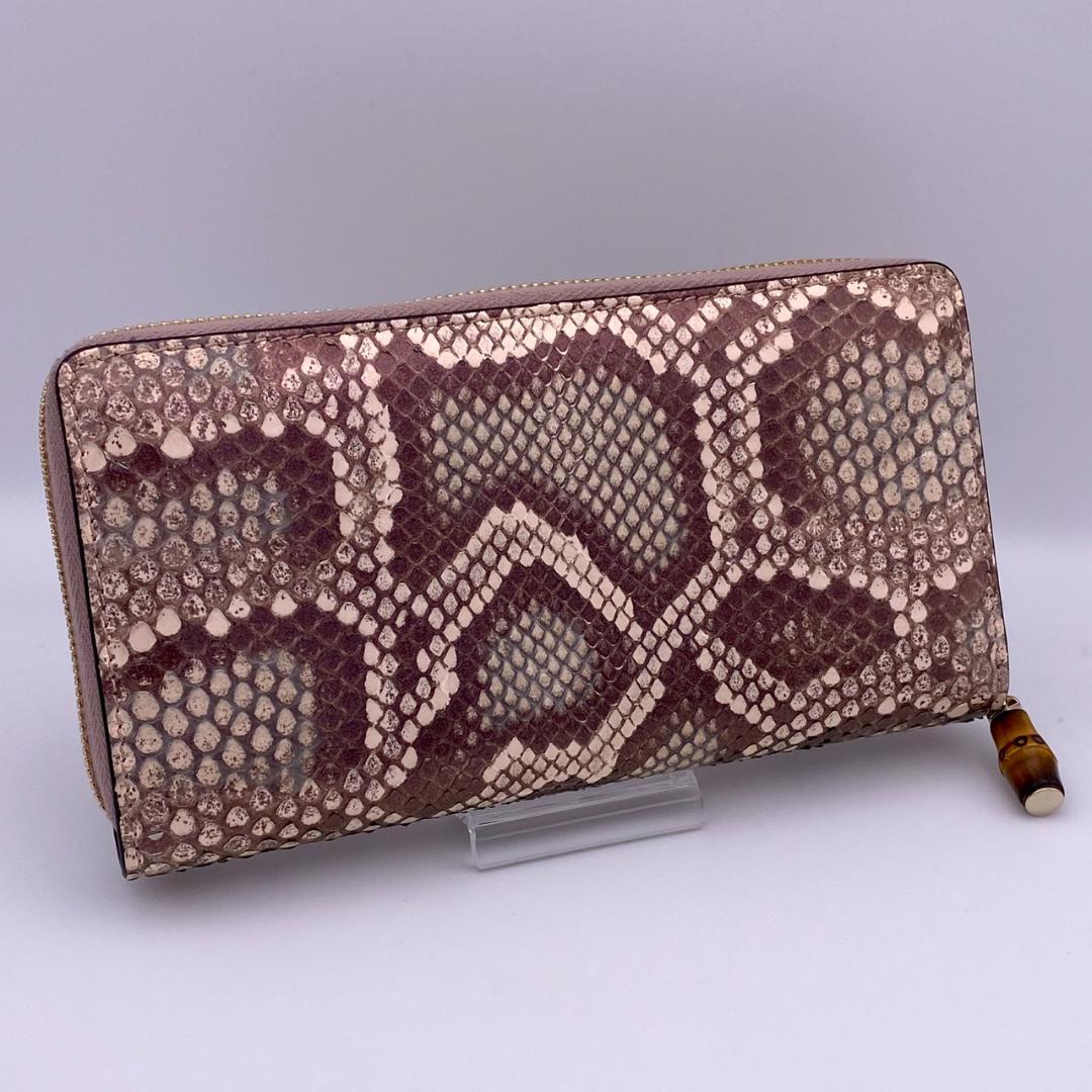 美品 GUCCI グッチ バンブー ラウンドジップ パイソン 長財布 ピンク