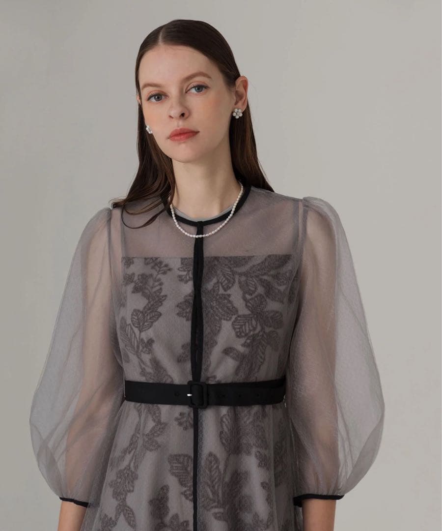 Leja チュールパイピングリーフベルトAラインドレスワンピース