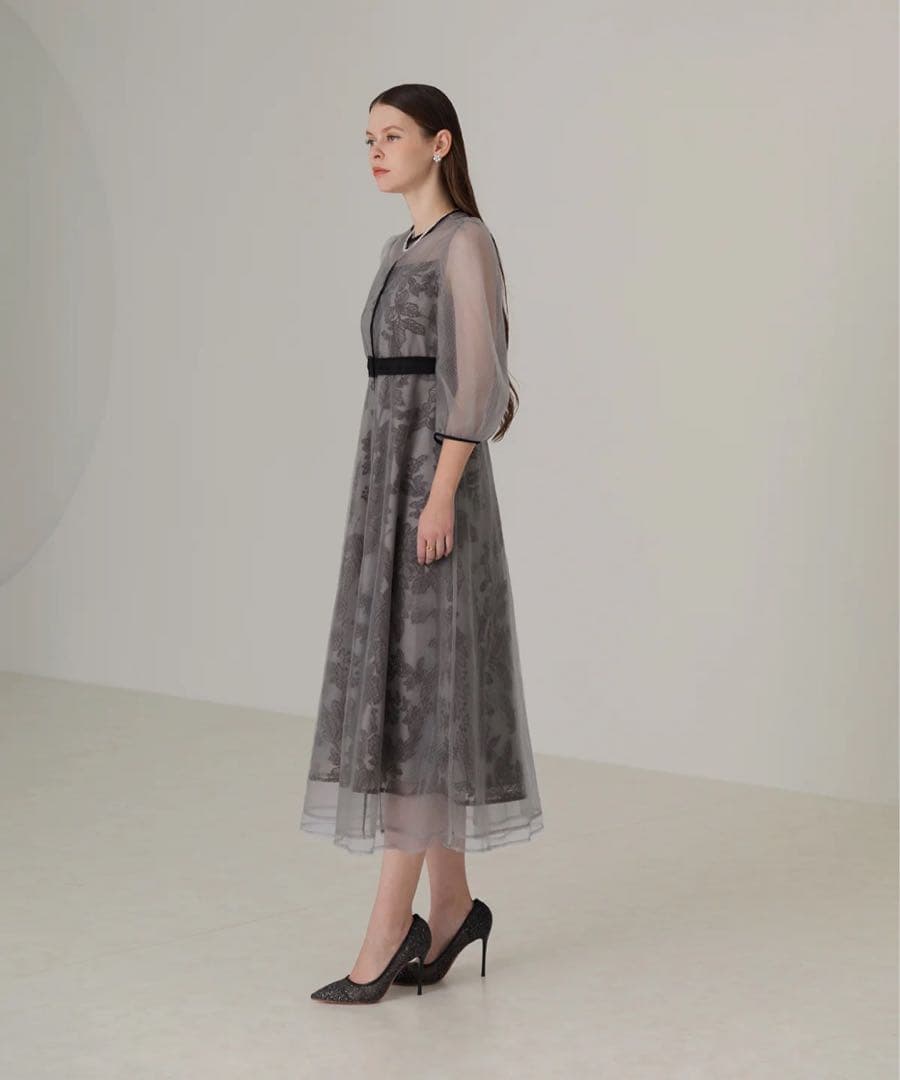 Leja チュールパイピングリーフベルトAラインドレスワンピース