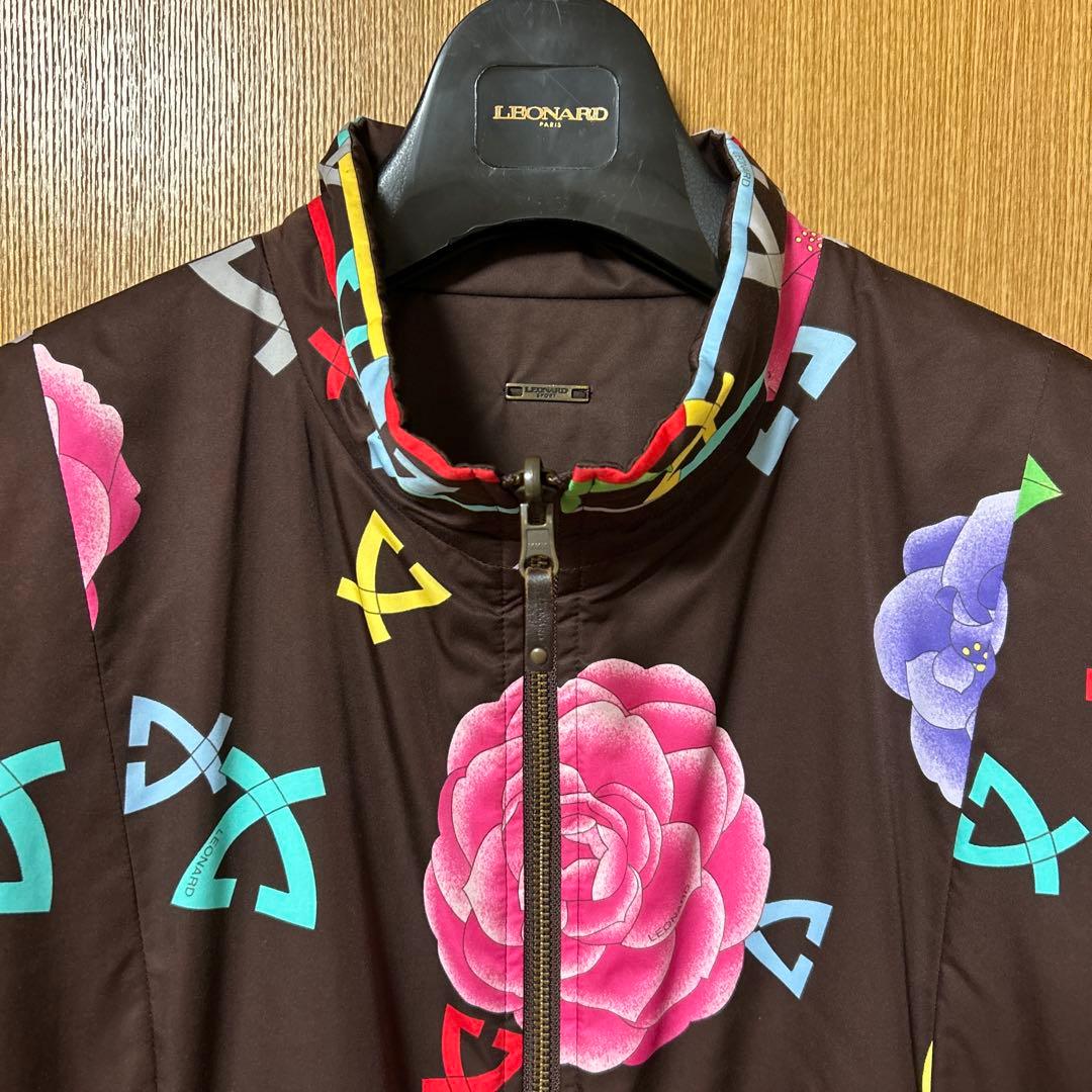 【美品】レオナール リバーシブル 中綿ジャケット ブルゾン花柄/ブラウン 42