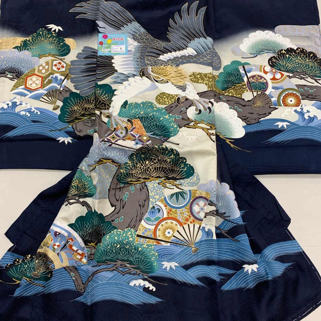 新品正絹産着祝着京友禅伝統工芸、本金、特選大鷹と祝大王松波古典文 　しつけ糸付き