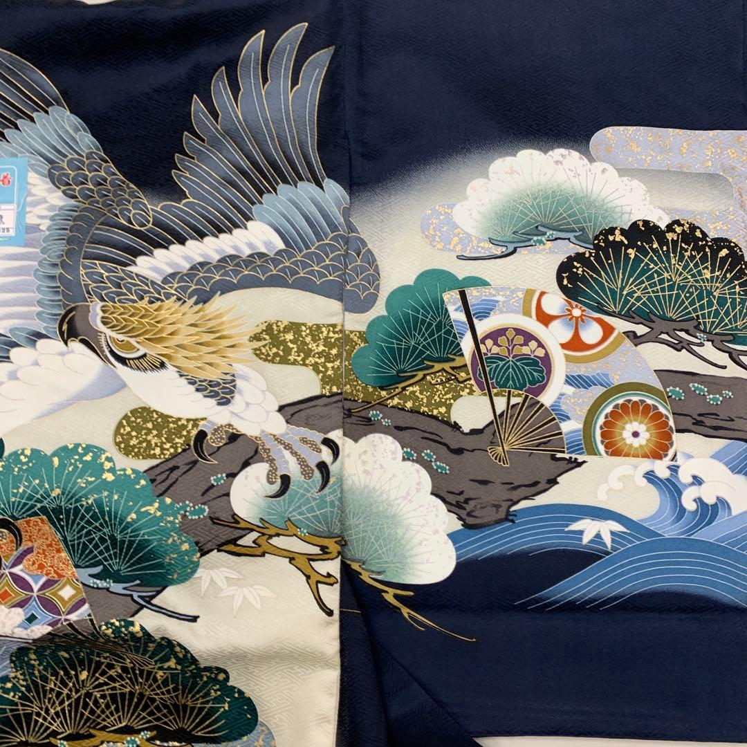 新品正絹産着祝着京友禅伝統工芸、本金、特選大鷹と祝大王松波古典文 　しつけ糸付き