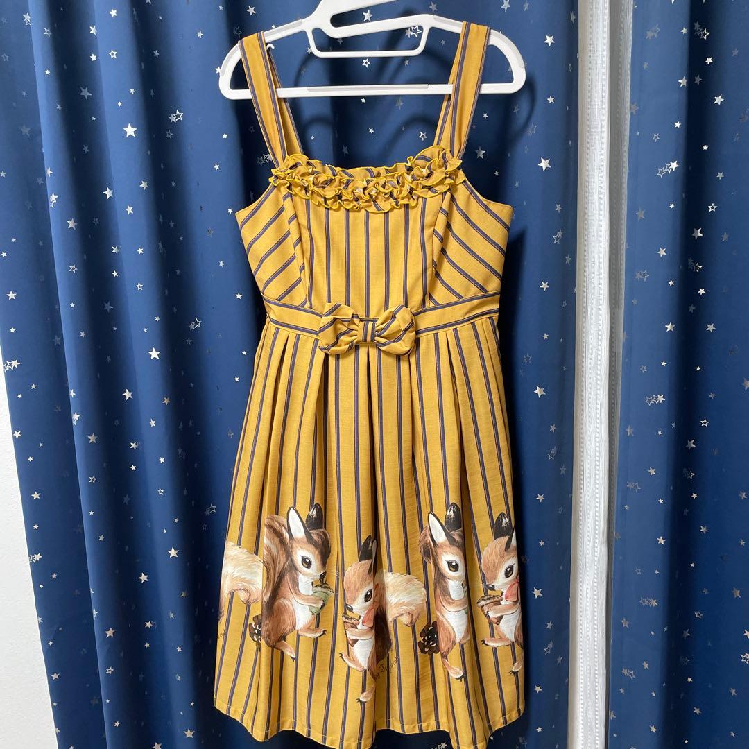 エミリーテンプルキュート　リス柄ジャンパースカート jsk ストライプ　からし