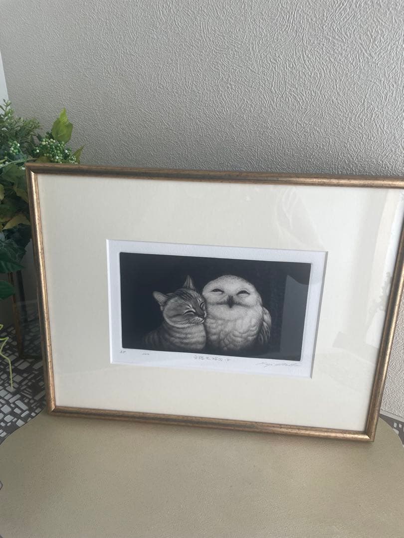 生田宏司　猫とフクロウの銅版画 A4サイズ