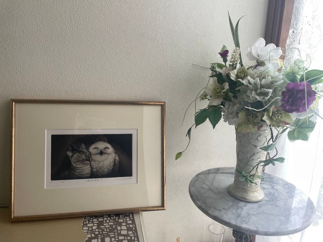 生田宏司　猫とフクロウの銅版画 A4サイズ