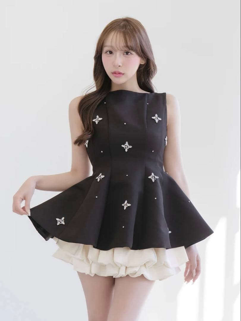 Darich♡ビジューフレアバルーンミニドレス　(BLK・FLサイズ)