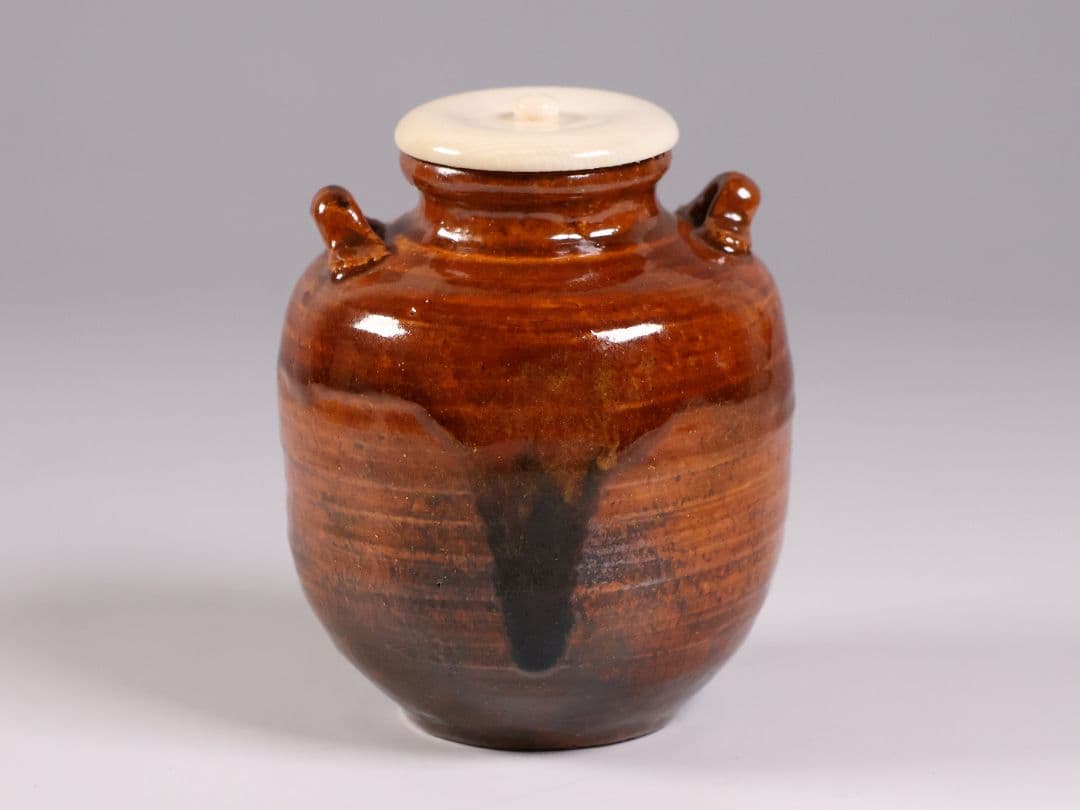 茶道具 大樋焼 中村長阿弥 茶入 共箱 共布 西陣仕覆 陶芸【CM333】