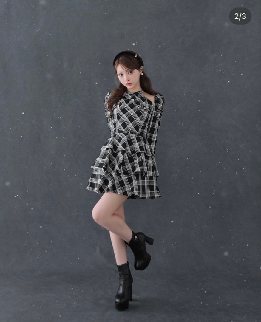 ワンピース mmeeme Sleeve halter check mini onepiece