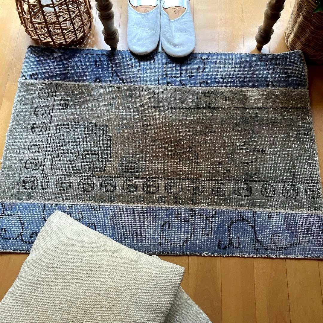 58×82 パッチワークオーバーダイ　ブルー×グレイ　トルコヴィンテージラグ