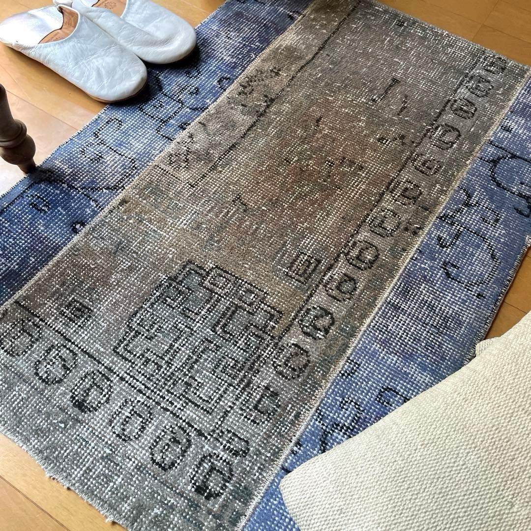 58×82 パッチワークオーバーダイ　ブルー×グレイ　トルコヴィンテージラグ
