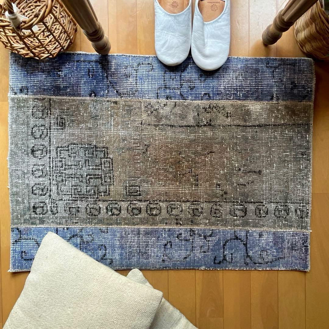 58×82 パッチワークオーバーダイ　ブルー×グレイ　トルコヴィンテージラグ