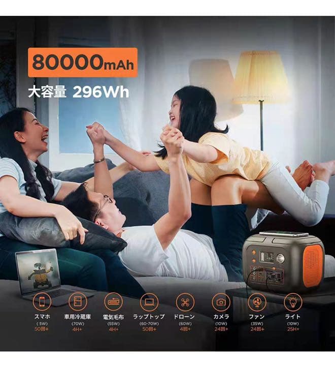 ワイヤレス充電付き大容量80000mAh‼️コンパクト軽量ポータブル電源