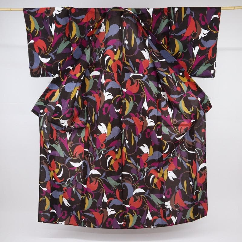 《Miyu★長尺■上質『浴衣』鮮やか花模様モダンアート◆濃黒茶UC9-2》