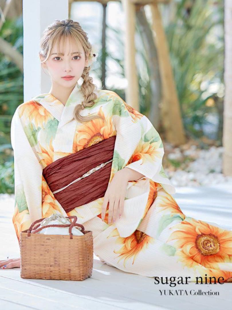【完売品】アイボリーxひまわりストライプ柄浴衣向日葵 浴衣/帯/下駄 3点セット