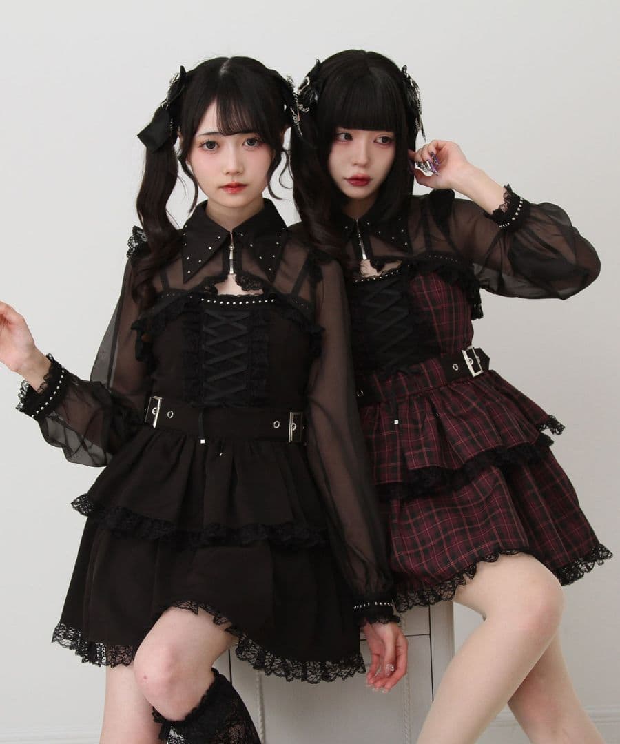 ［DearMyLove］スタッズジップシアーボレロレースフリルキャミワンピース