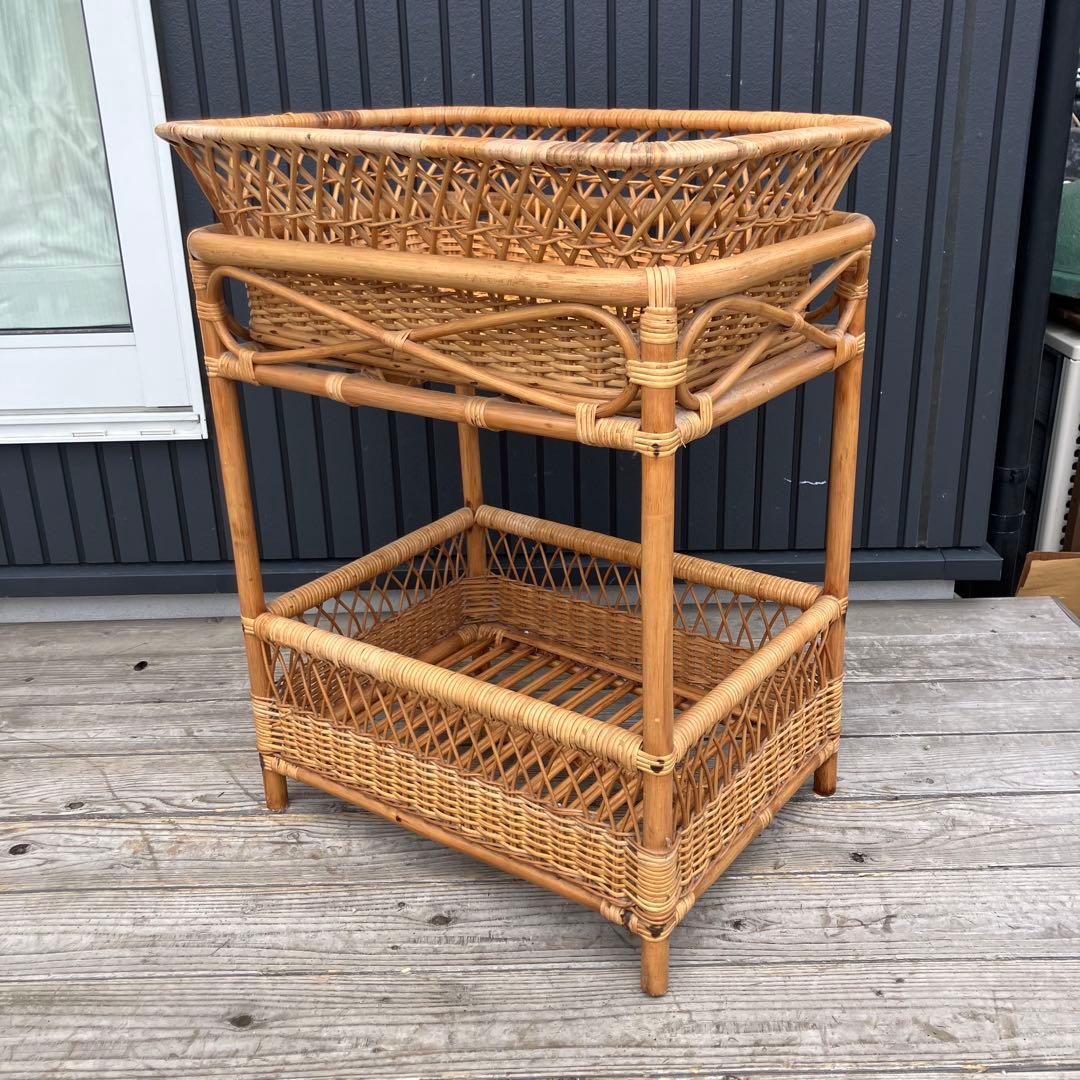 昭和レトロ 古家具 ラタンランドリーラック 2段 脱衣かご 衣類収納 アジアン