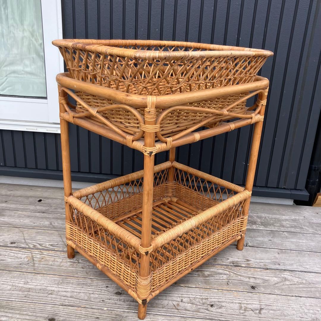 昭和レトロ 古家具 ラタンランドリーラック 2段 脱衣かご 衣類収納 アジアン