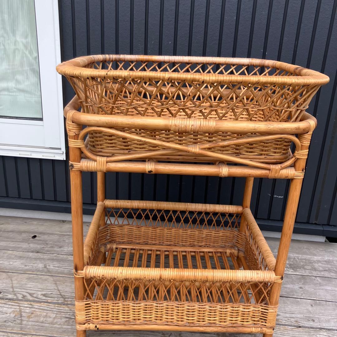 昭和レトロ 古家具 ラタンランドリーラック 2段 脱衣かご 衣類収納 アジアン