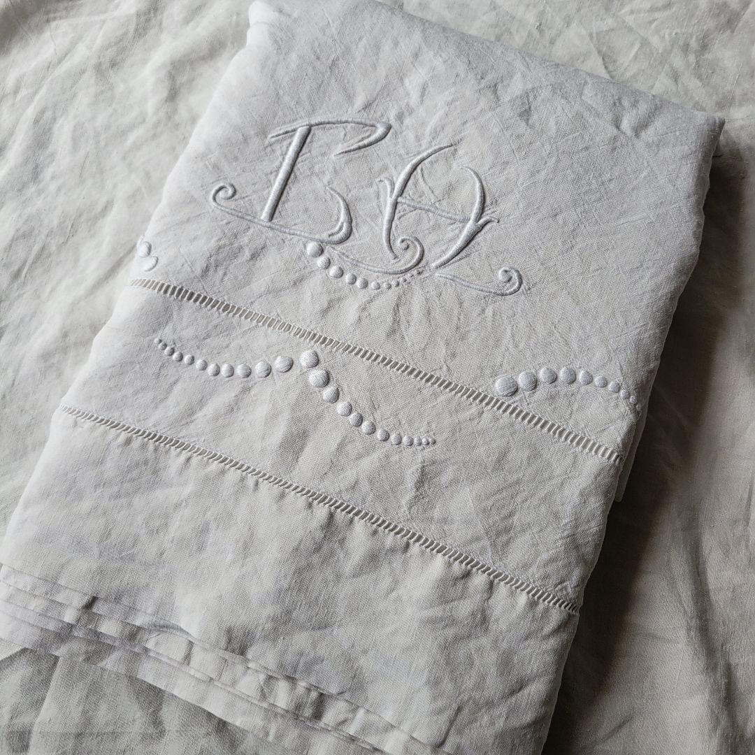 フランス　アンティーク　シーツ　リネン　モノグラムとドット