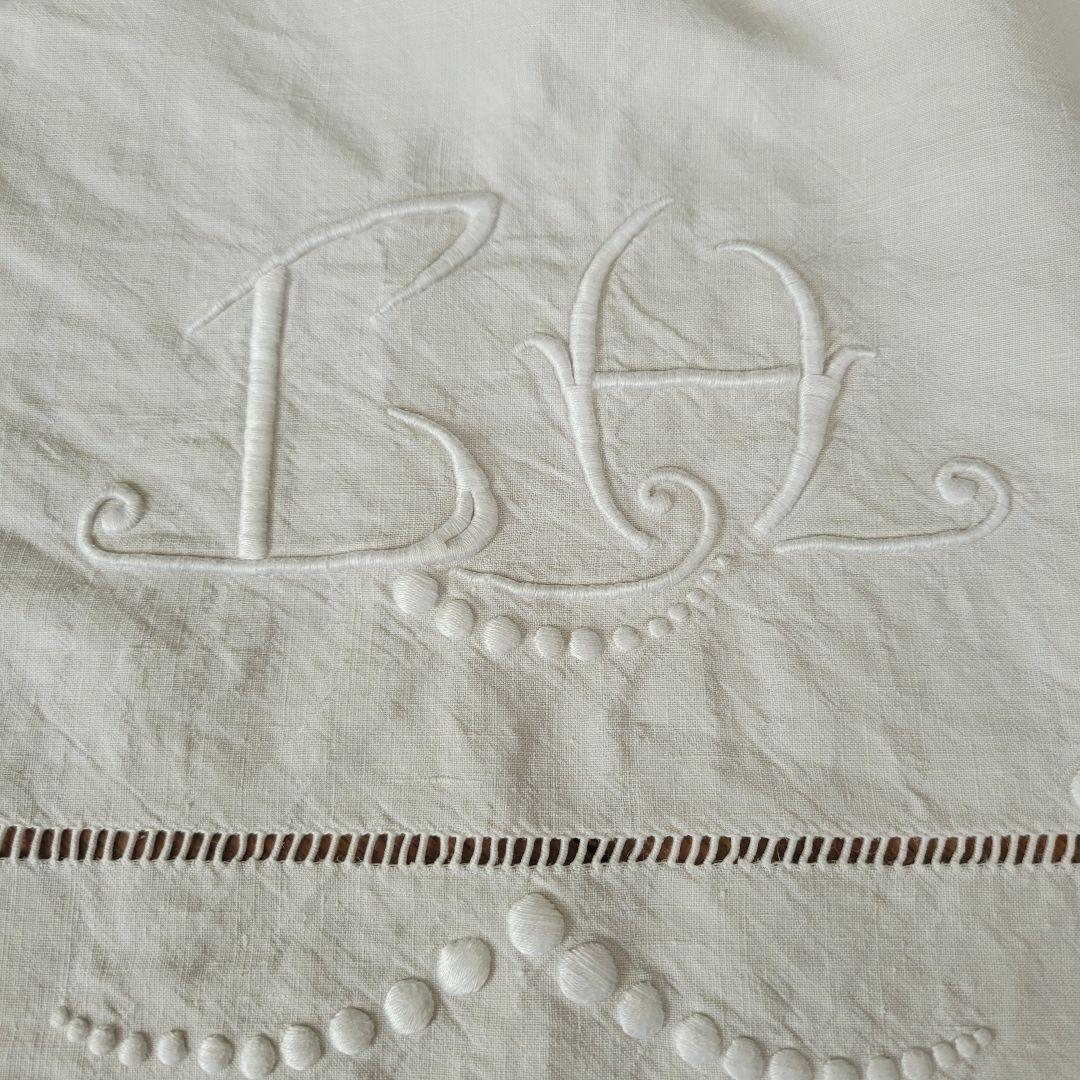 フランス　アンティーク　シーツ　リネン　モノグラムとドット