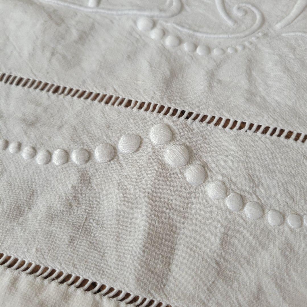 フランス　アンティーク　シーツ　リネン　モノグラムとドット