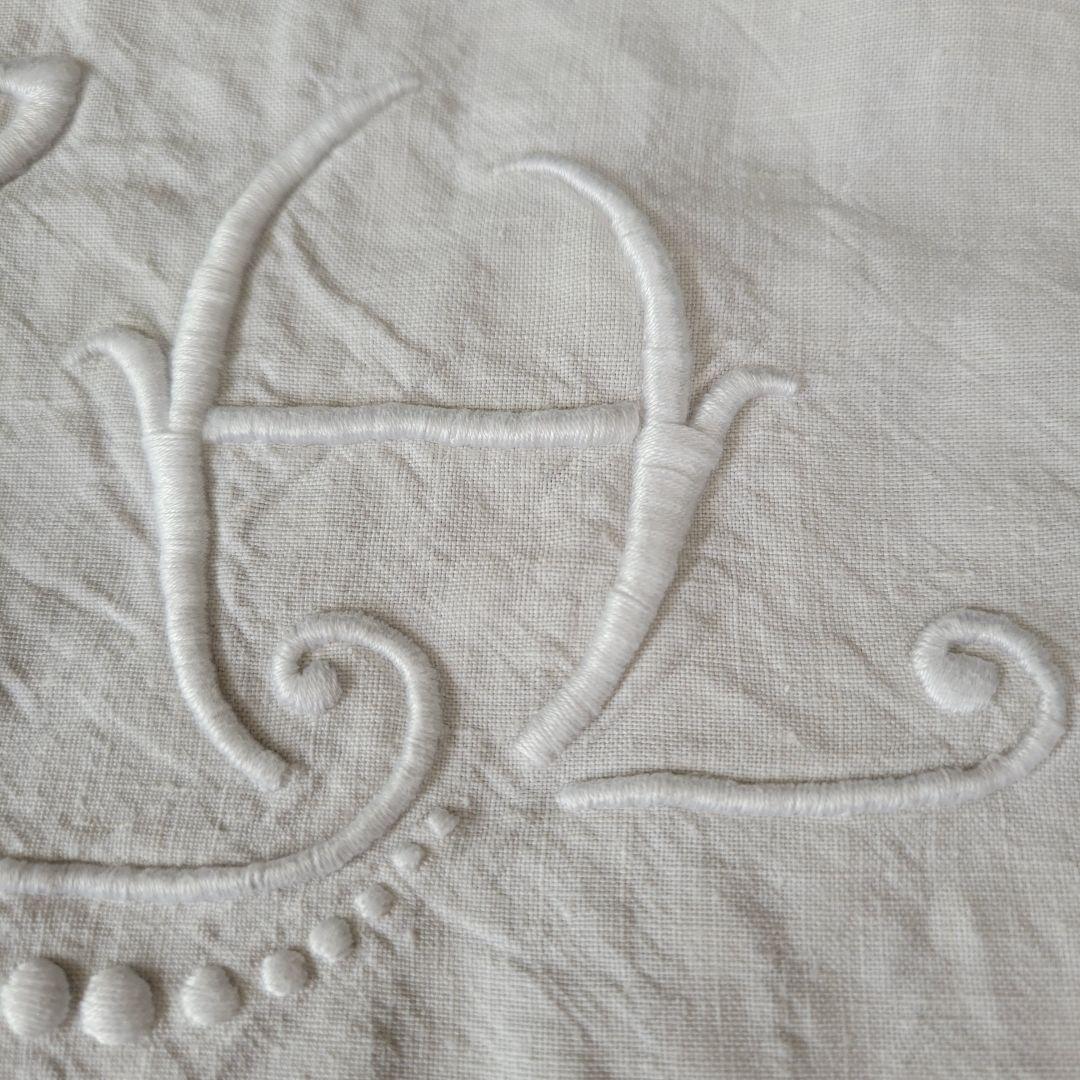 フランス　アンティーク　シーツ　リネン　モノグラムとドット