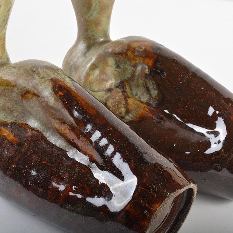 トミー富山県　越中　小杉焼　柿釉　鴨徳利　酒器　一對　共箱　M　R6076