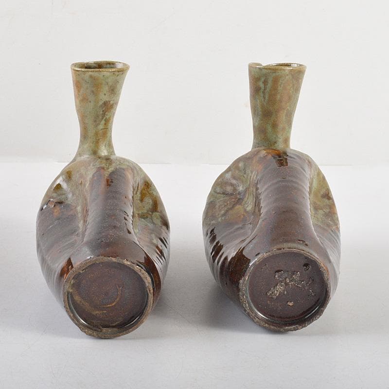 トミー富山県　越中　小杉焼　柿釉　鴨徳利　酒器　一對　共箱　M　R6076