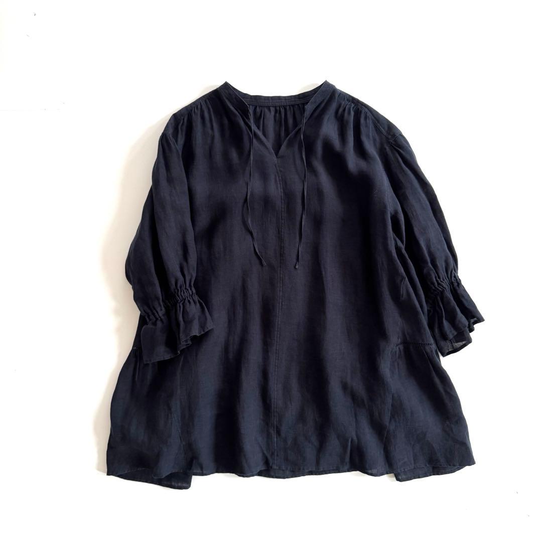 23区　LIBECOリネン ティアード チュニックブラウス 38 ネイビー極美品