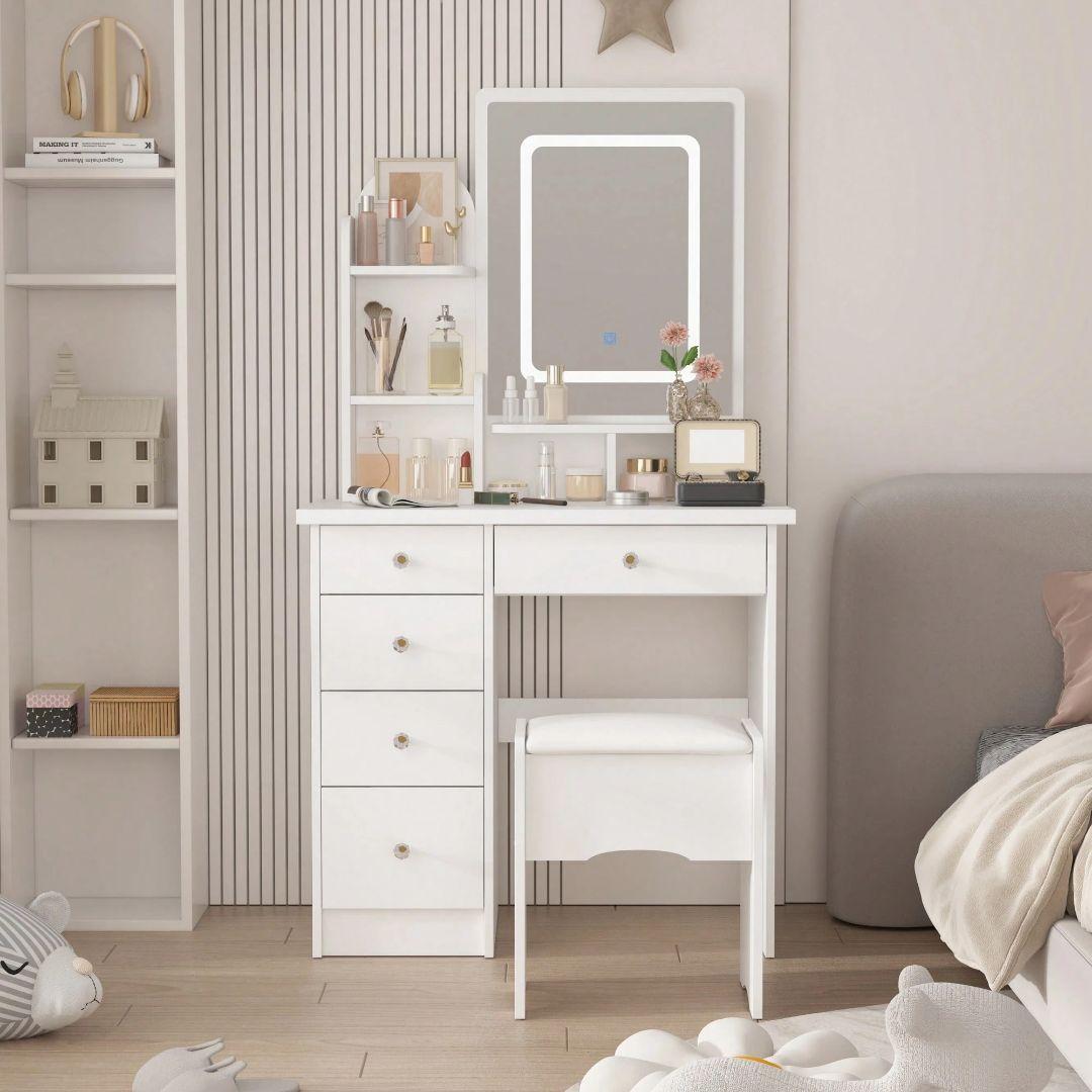 3 色 LED ライトと多機能収納を備えたコンパクトな白い化粧台。
