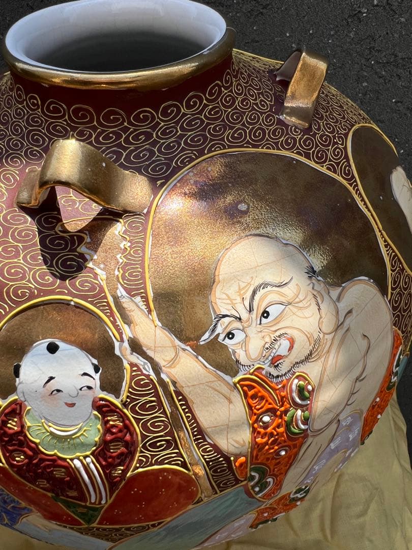 時代　珍品　薩摩焼　福神図飾壺　時代物　薩摩　壺　花器　花瓶　床置き