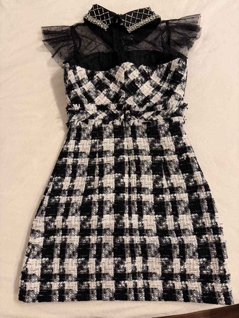 ROBE de FLEURS ツイードｘビジュー襟台形ミニキャバドレス XS