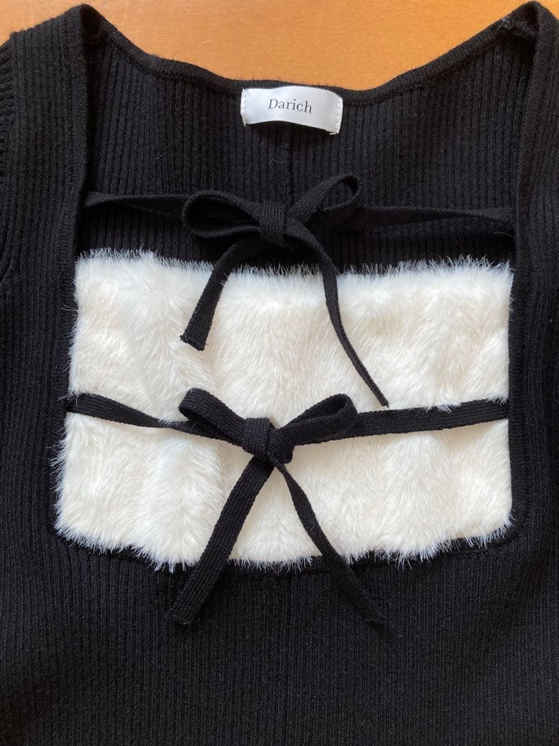 Darich リボンファーフレアニットミニワンピース　ブラック　FL