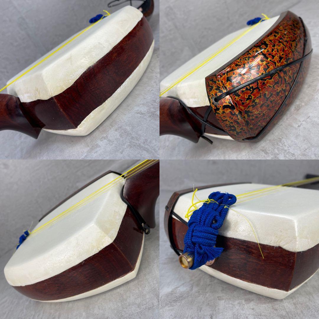 皮張り変え済み　津軽三味線　子持ち綾杉胴　紅木　金細　K9　二本溝　正寸