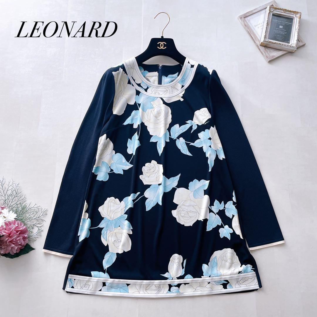 美品✨レオナール カンカン素材 チュニック フレア 花柄 ゆったり 38