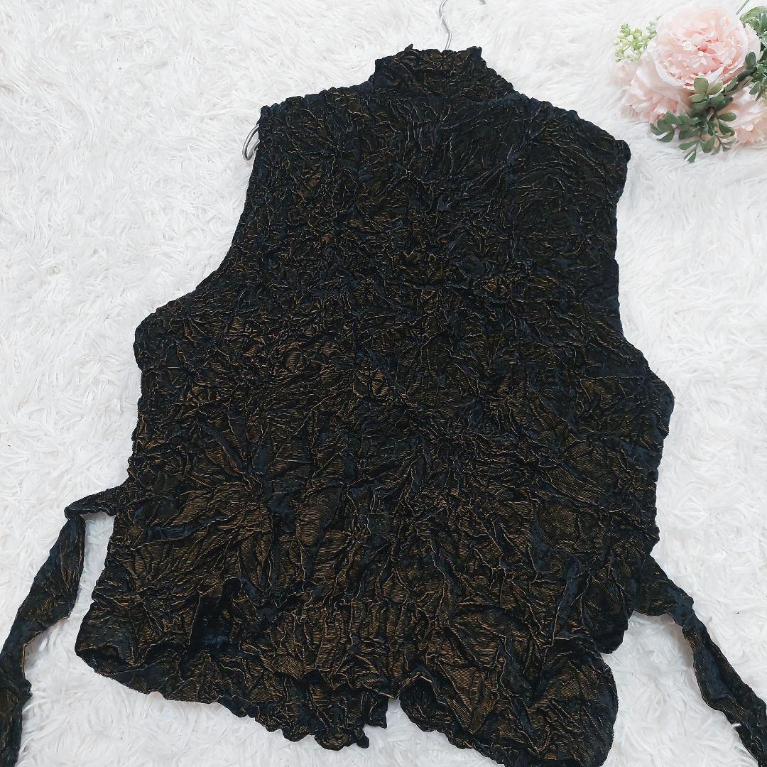 イッセイミヤケ ペルマネンテ シワ加工 バイカラー ハイネック ベスト 前開き