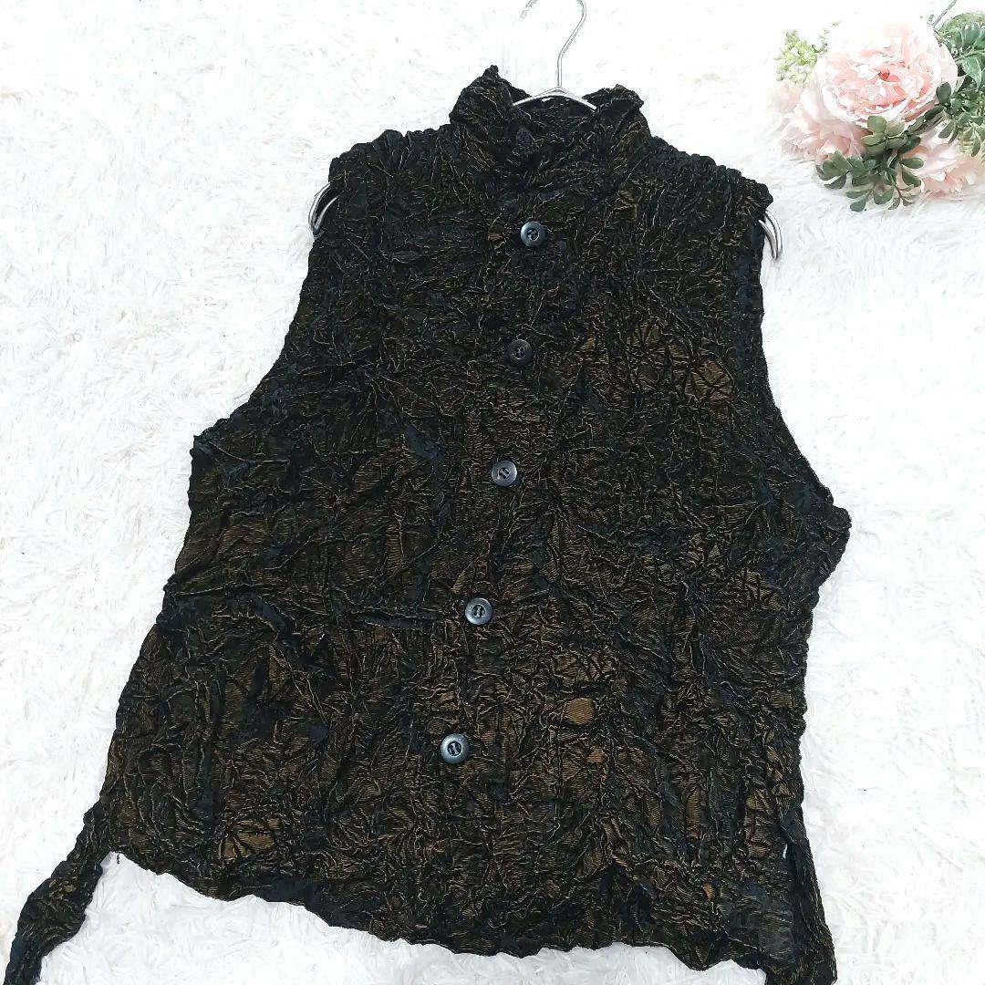 イッセイミヤケ ペルマネンテ シワ加工 バイカラー ハイネック ベスト 前開き