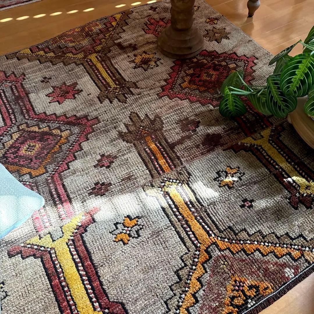 レア93×97 正方形サイズ　ウール　ブラウン　トルコヴィンテージラグ