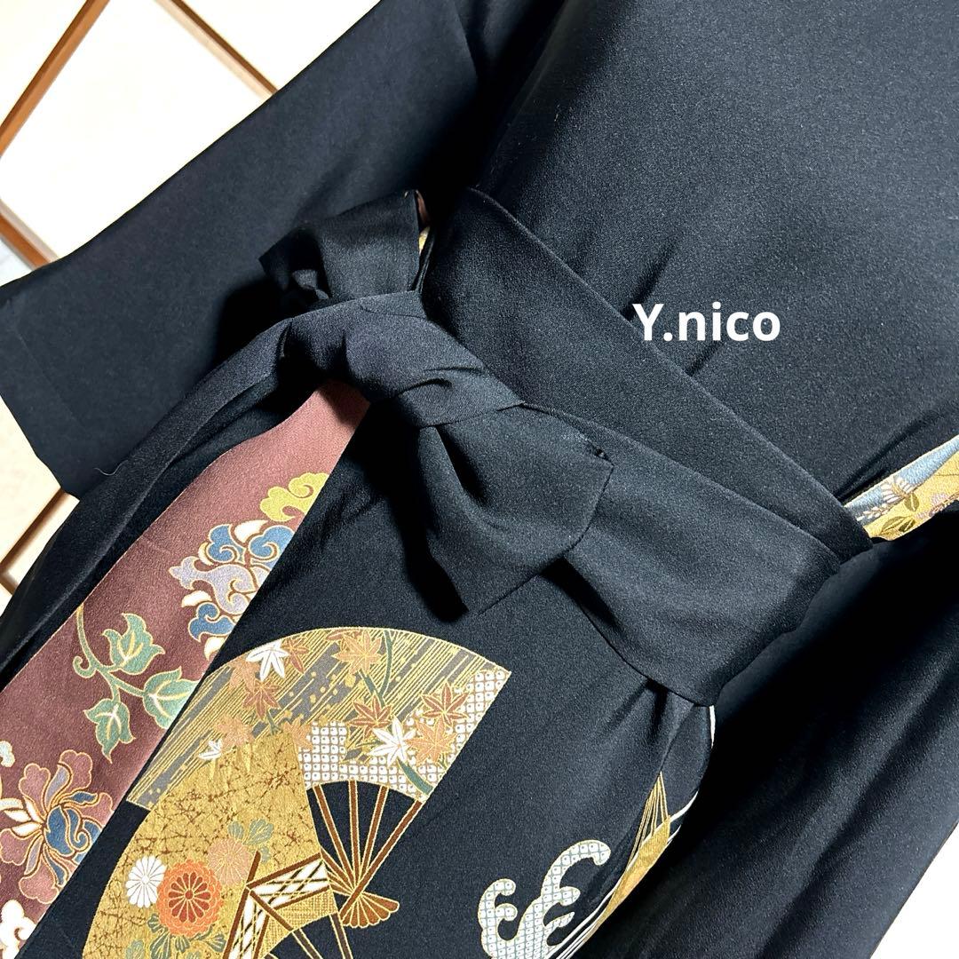 L着物リメイク 正絹 扇に白波 黒留袖 シンプルゆったりワンピース