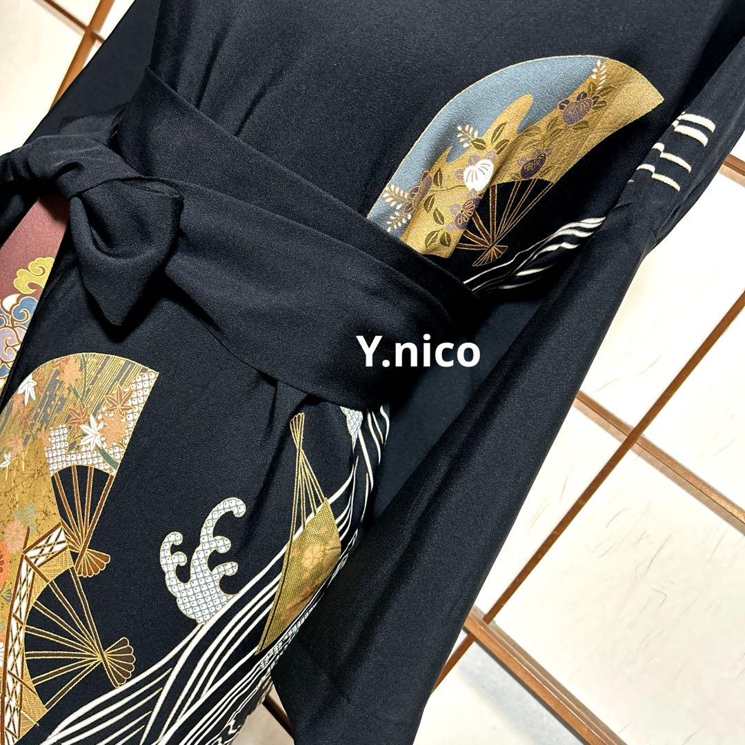 L着物リメイク 正絹 扇に白波 黒留袖 シンプルゆったりワンピース