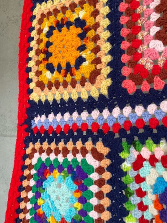 古着 ビンテージ 70s カラフル 四角 グラニー ブランケット キャンプ ラグ