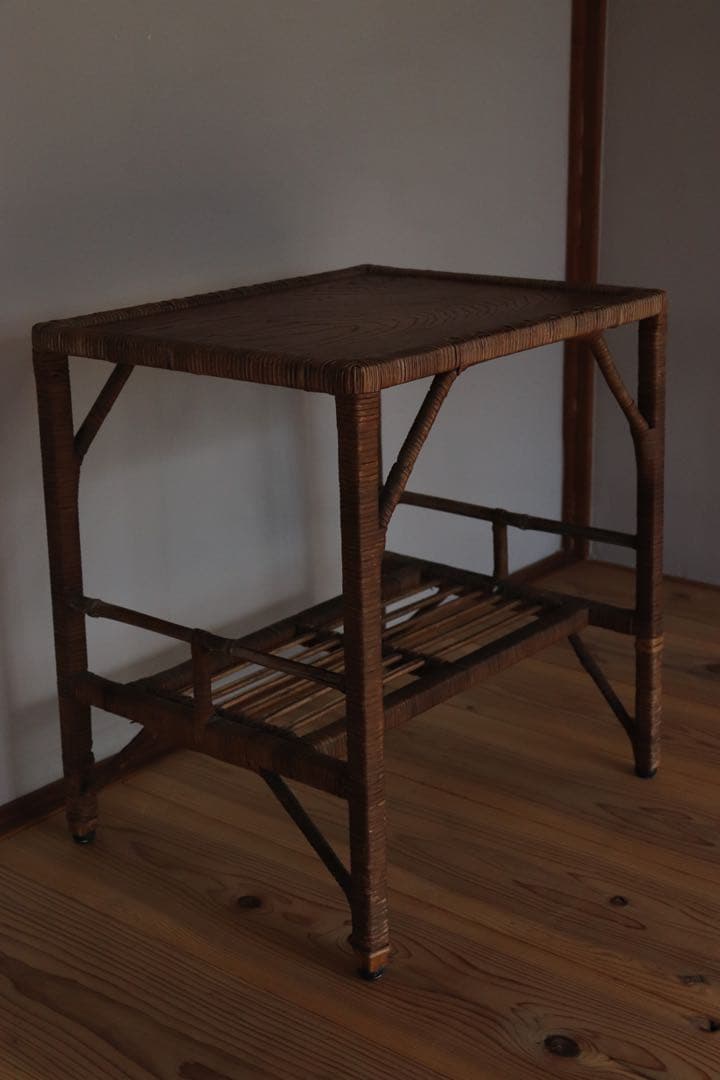 古家具　サイドテーブル　レトロ　木　籐　ラタン　古道具　アンティーク