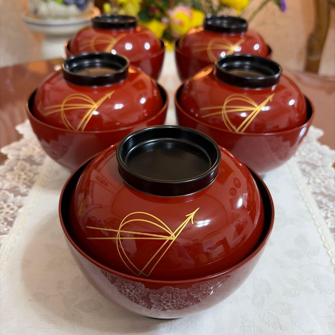 輪島　うるし工芸　米永　蓋付雑煮椀　小どんぶり　5客セット　未使用